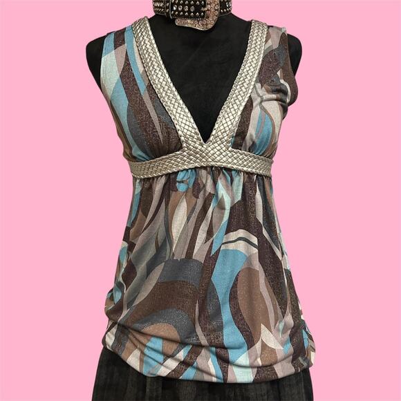 Vintage Self Esteem Brown and blue abstract print V-neck top with silver belting - Picture 1 of 7